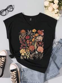 SHEIN Essnce Áo thun nữ tay ngắn cổ chữ V họa tiết hoa giản dị, phù hợp cho mùa hè - màu đen - Xem 3