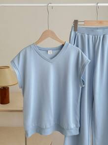 SHEIN Tween Girls' Knit Solid Color Loose Fit V-Neck Casual T-Shirt And Wide-Leg Knit Casual Pants Set - Blue - View 4
