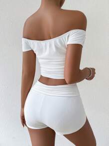 SHEIN EZwear 女士夏季純色露肩短上衣和短褲套裝，褶皺設計 - 白色 - 查看 2