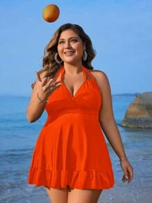 Swim Lushoire Plus Size Solid Halter Ruffle Trim Swim Dress, Perfect For Vacation, Summer Beach Bathing Suit