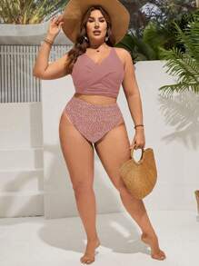 Swim Lushoire Conjunto de talla grande para mujer con top de tirantes cruzados de unicolor y Bottom de bikini estampado de lunares con pliegues para las vacaciones en la playa de verano - Rosa vieja - Ver 5