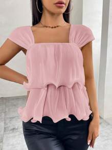SHEIN Privé 女性浪漫百褶荷葉邊上衣，適用於日常和度假 - 藕粉色 - 查看 4