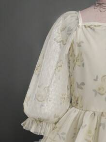 SHEIN Vestito da principessa maxi con stampa floreale in organza, maniche a palloncino, orlo con volant, adatto per vacanze, esibizioni, matrimoni, feste, tutto l'anno, per ragazze pre-adolescenti - Giallo - Visualizzare 4