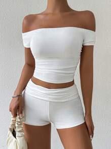 SHEIN EZwear 女士夏季純色露肩短上衣和短褲套裝，褶皺設計 - 白色 - 查看 5