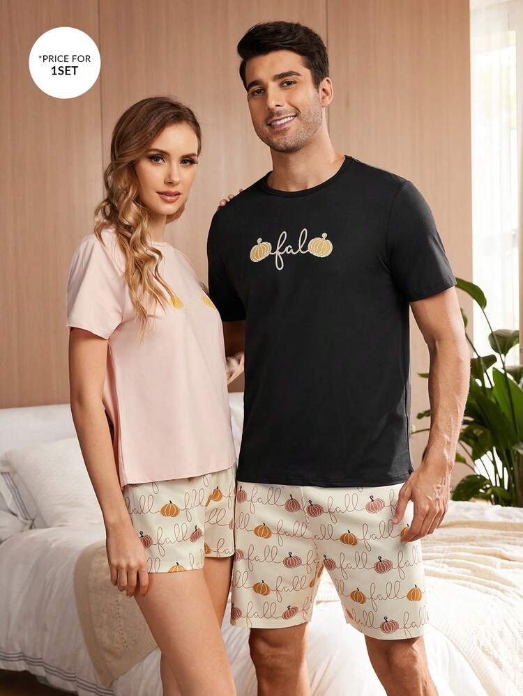 Women Pumpkin Letter Print Short Sleeve Top & Shorts Pajama Set For Summer, Halloween