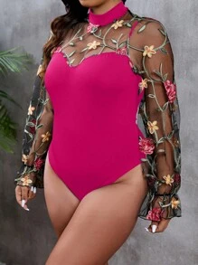 SHEIN Clasi 大碼女士優雅立領花朵刺繡網紗喇叭袖拼接連體褲，適用於夏季 - 玫紅色 - 查看 6