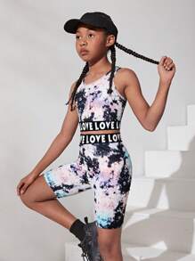 SHEIN Tween Girls' Tie Dye & Patchwork Letter Jacquard Tape Racerback Tank Top & Shorts Set For Sports - Multicolor - View 3