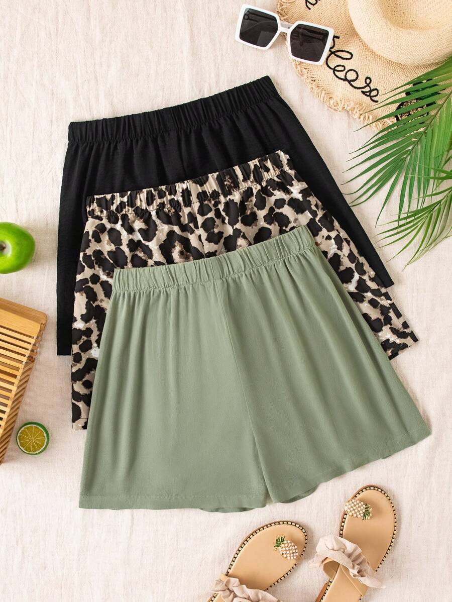 SHEIN VCAY 3 chiếc quần short nữ dáng rộng cạp cao dệt, quần short mùa hè, đi biển - Nhiều màu - Xem 1