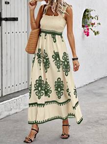 Breezaya Robe longue femme sans col à imprimé aléatoire - Militaire verte - Voir 7