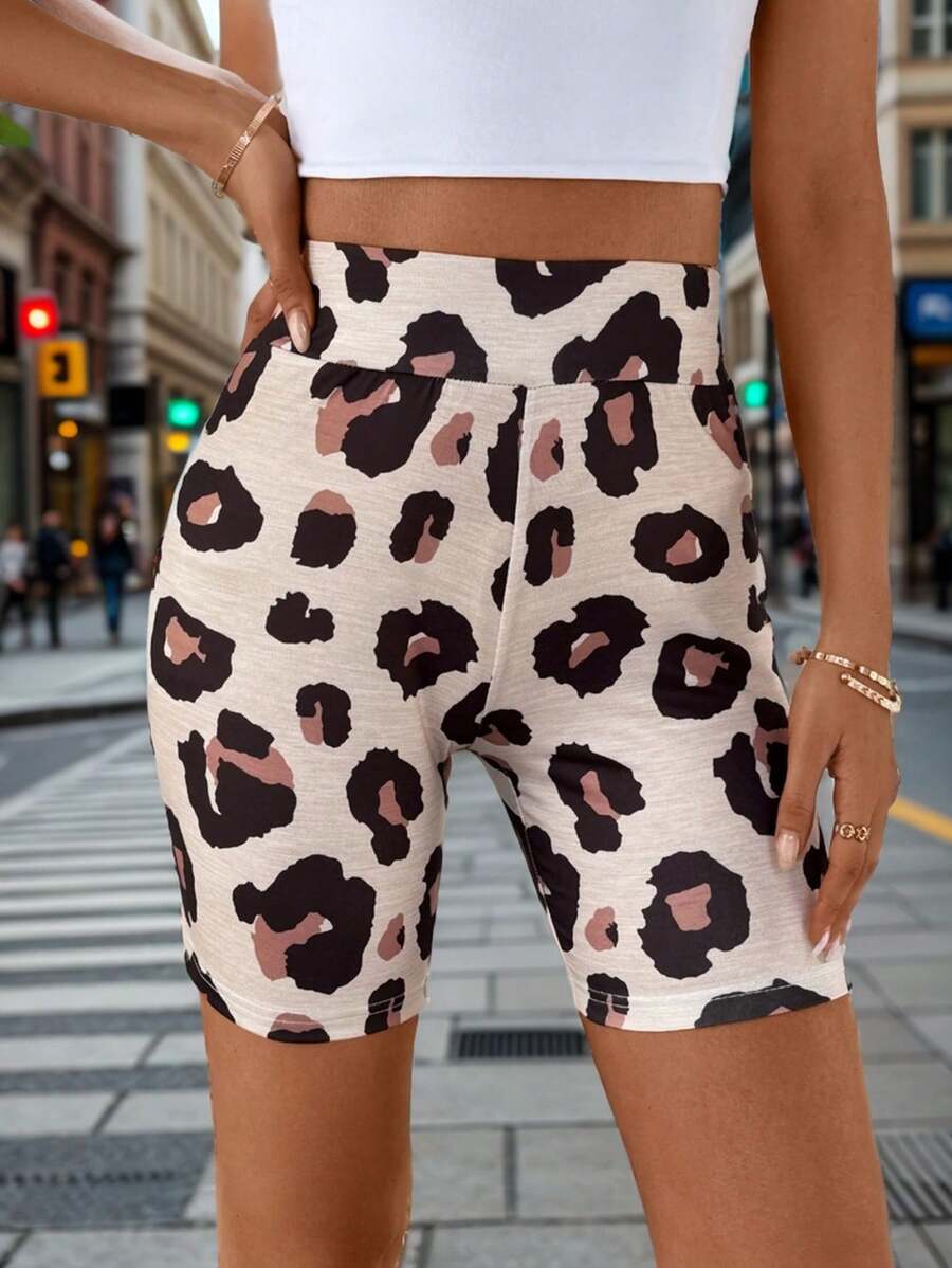 SHEIN LUNE Leopard Print Women Short Leggings - Mocha Brown - View 1