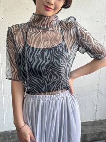 FRIFUL Parte superior de mujer de manga corta con cuello de malla transparente, adecuada para el verano, top corto para mujeres