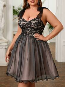 SHEIN Belle Plus Size Black Lace Patchwork Dress With Bow-Tied Shoulder Straps, Cute Sexy Gothic Style Sheer Party Dress - Black and White - View 1