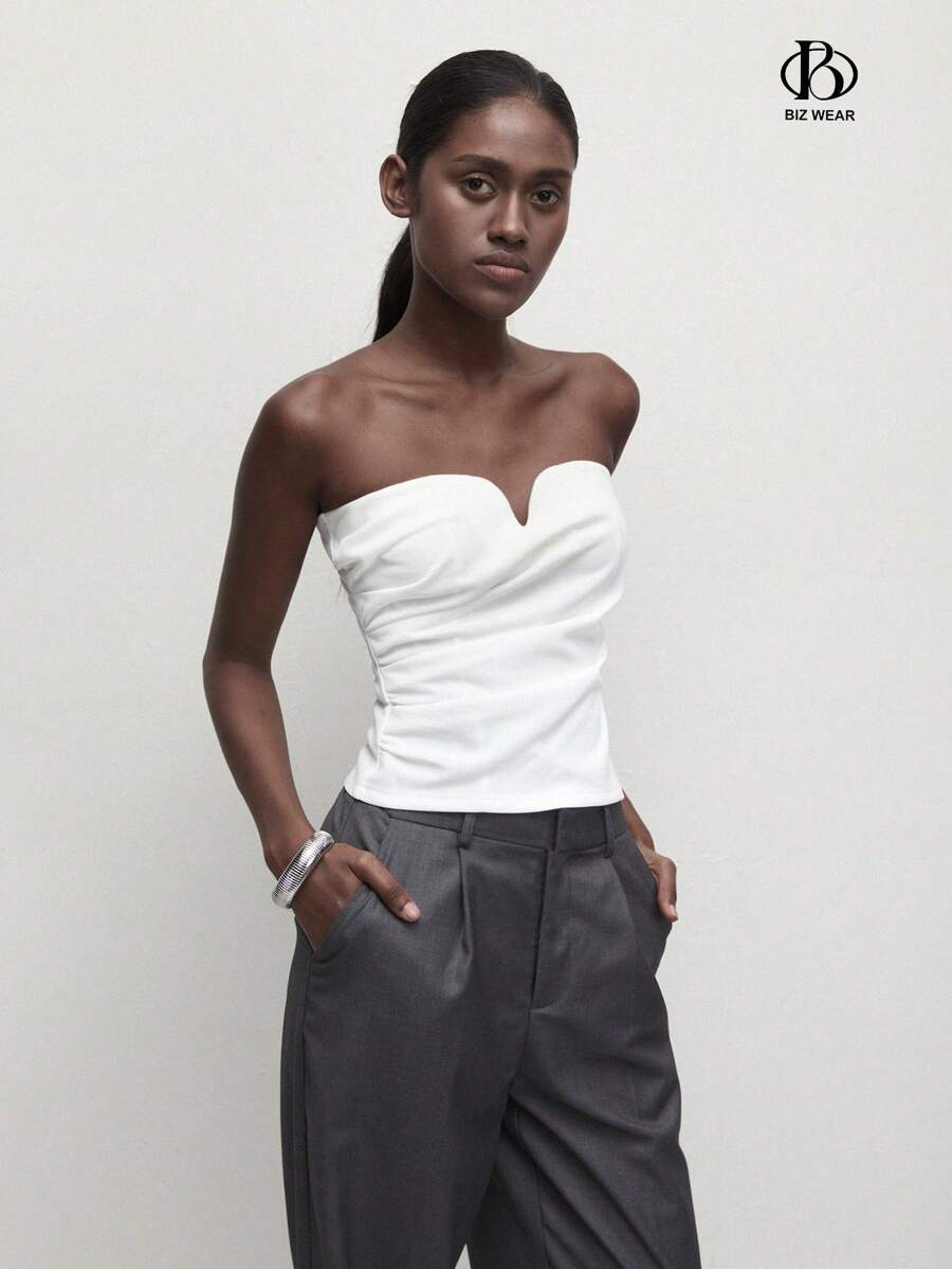 BizChic Blusa elegante de señora para el otoño, top bustier ajustado y fruncido de color blanco sólido