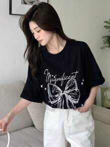 DAZY Women Summer Loose Casual T-Shirt With Slogan, Bowknot Print And Drop-Shoulder Sleeves Graphic Tee Oversized T-Shirt