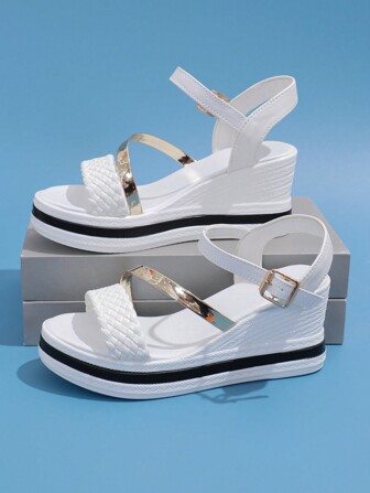 女性休閒海灘度假風格露趾楔跟涼鞋