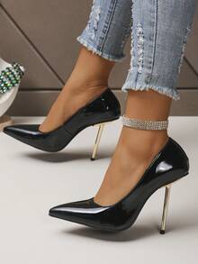 性感百搭尖头高跟女鞋，春季新款时尚漆皮细高跟鞋，低帮派对鞋，2024系列 - 黑色 - 查看 1