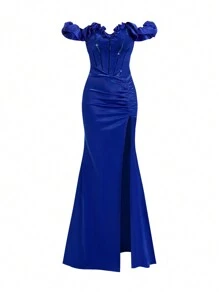 SHEIN Belle Elegant Blue Exaggerated Ruffles Off Shoulder Bust Cups Fine Flash Webbing Splicing Sexy Corset Back Width Adjustable Straps High Waist Slimming High Split And Floor Dragging Fishtail Dress Dating Bachelorette Party Graduation Season Wedding Event Heavy Duty Dinner Party Prom Semi Formal Wedding Guest Dress, For Birthday, Homecoming