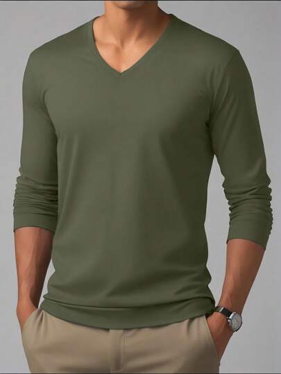 Manfinity Homme 男士春夏纯色 V 领长袖休闲 T 恤，秋季