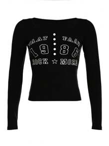 INAWLY Women Spring/Summer Slim Fit Button Front Long Sleeve T-Shirt With Letter Print Graphic Tees Women Tops For Spring Outfit Fall Cloth For Women - Black - View 3