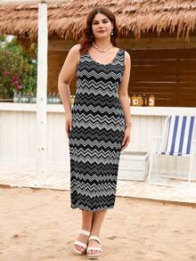 Dreamara 黑白幾何印花細肩帶V領大碼連衣裙 - 黑與白 - 查看 6