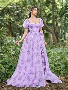 Faeriesty Đầm dạ hội trễ vai tay bồng viền bèo nhún sang trọng, trang trọng cho tiệc cưới, dự tiệc tốt nghiệp, tiệc tối - Màu Lilac Tím - Xem 6