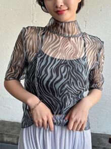 FRIFUL Parte superior de mujer de manga corta con cuello de malla transparente, adecuada para el verano, top corto para mujeres