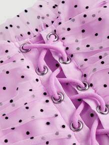 SHEIN MOD Summer Pink Sheer Top With Ruffle Neckline, Front Tie And Pleated Polka Dot Mesh Design - Pink - View 3