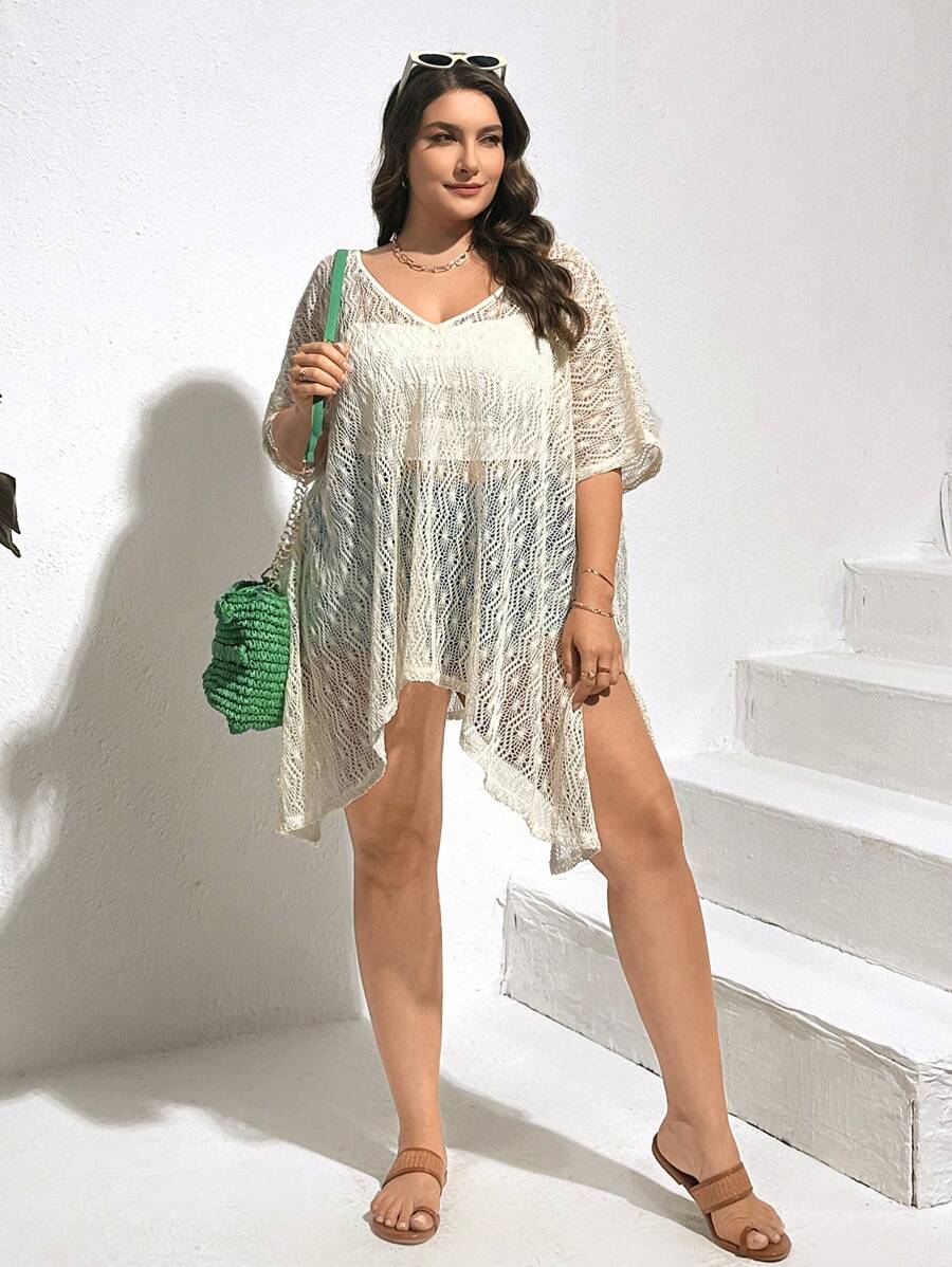 SHEIN Essnce Plus Size Women's Summer Casual Vacation Loose Sun Protection Cover-Up, Summer Beach Sun Protection Swimming Cover, Summer Women's Tops, See-Through Women's Tops,Swimsuit Cover Up,Summer Tops - White - View 1