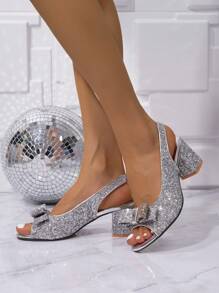 Women Peep Toe Bowknot Ankle Strap Chunky Heeled Sandals, Fashionable Party Silver Glitter High Heels