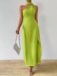 Chiquease Đầm Bodycon xẻ cổ bất đối xứng màu trơn đơn giản hàng ngày cho nữ - màu xanh lá - Xem 6