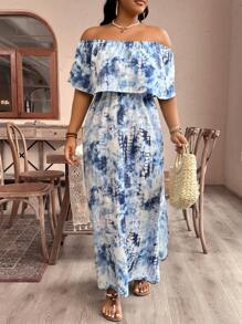 SHEIN VCAY 大尺碼露肩腰間收攘假日風格洋裝，適用於春夏 - 彩色 - 查看 6