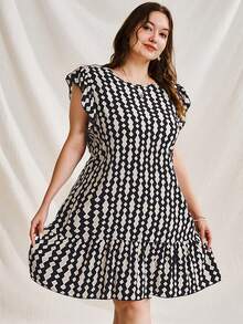 Dreamara Plus Size Apricot And Dark Blue Geometric Circle Neck Cap Sleeve Dress With Ruffle Trim, Romantic And Casual Holiday A-Line Plus-Size Mini Dress - Multicolor - View 5