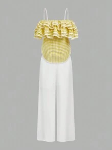 Teen Girl Elegant Summer Ruffle Hem Cami Top And Long Pants Set - Yellow - View 1