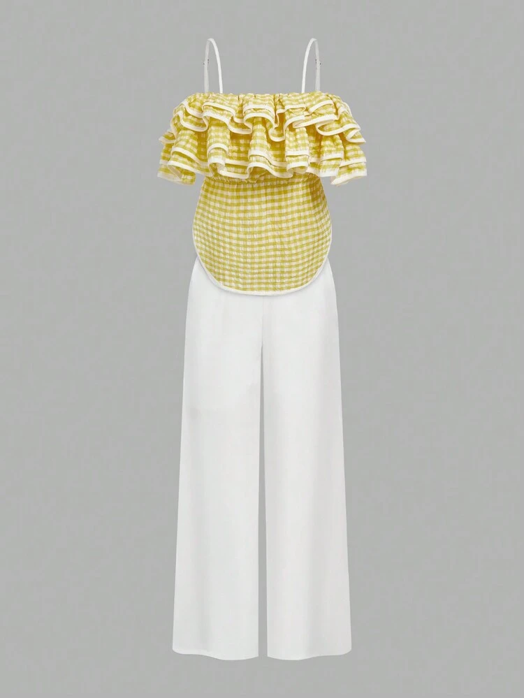Teen Girl Elegant Summer Ruffle Hem Cami Top And Long Pants Set