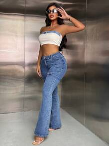 SHEIN SXY Quần jean ống loe Slim Fit thông thường với thiết kế denim đã giặt - Màu xanh lam - Xem 4