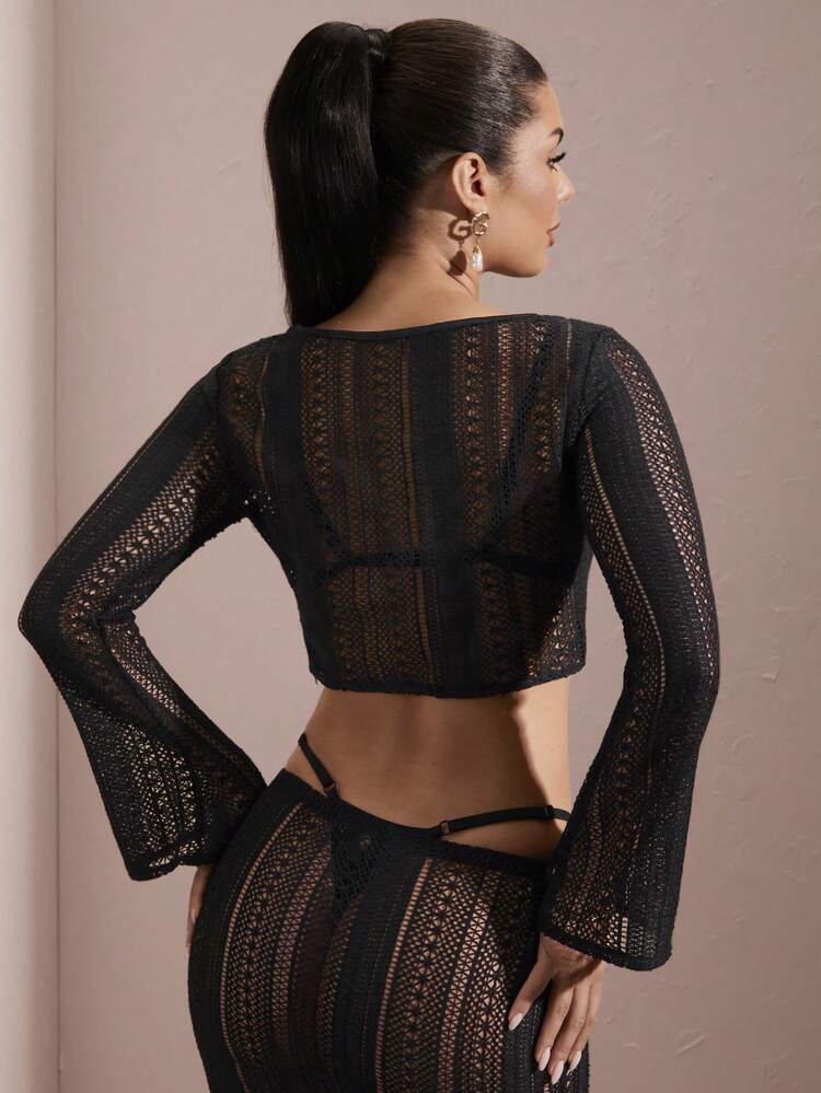 Summer Holiday Black Crochet Mesh Floral Long Sleeve Hollow Out Women Cropped Top With Flare Sleeves