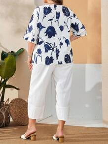 EMERY ROSE Conjunto de blusa con estampado floral y pantalones capri talla grande, para el verano