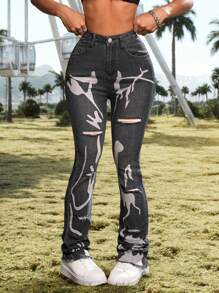 Jeans ajustados y acampanados con agujeros y estampado, de color gris oscuro - Gris Oscuro - Ver 6