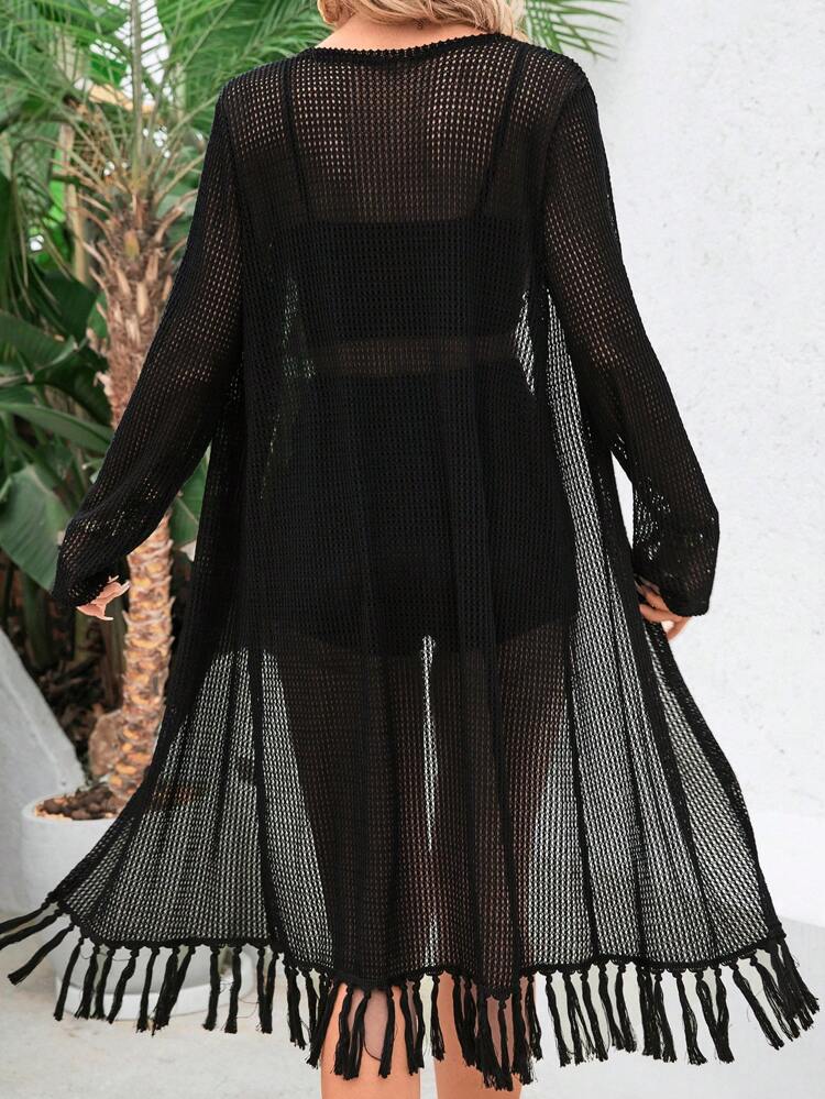 Long Hollow-Out Tassel Front Tie Cover Up Set For Women Vacation, Including Top And Skirt Fall Cloth For Women