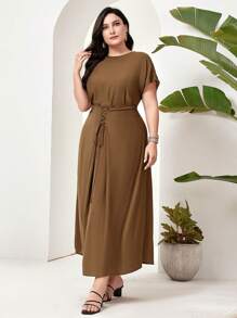 Seusyu Plus Size Summer Casual Solid Color Batwing Sleeve Criss-Cross Tie Waist Long Dress - Brown - View 5