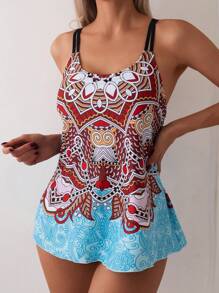 Swim Lushoire Conjunto tankini impreso de cuello halter con parte superior y Bottom de triángulo de unicolor - Multicolor - Ver 2