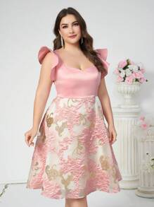 SHEIN Belle Plus Size Elegant Pink Satin & Jacquard Fabric Patchwork Cap Sleeve Dress With U-Neck For Cocktail Party Prom Semi Formal Wedding Guest Dress, For Birthday, Graduation, Dinner, Homecoming