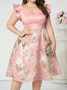 SHEIN Belle Plus Size Elegant Pink Satin & Jacquard Fabric Patchwork Cap Sleeve Dress With U-Neck For Cocktail Party Prom Semi Formal Wedding Guest Dress, For Birthday, Graduation, Dinner, Homecoming