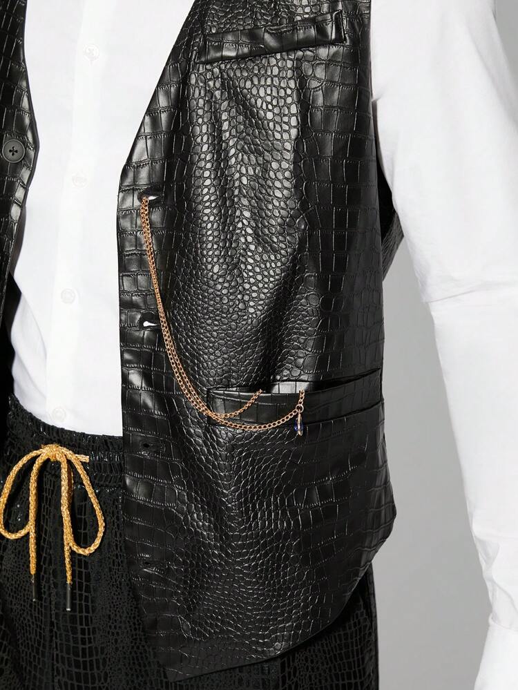 Men's Summer Business Casual Texture PU Leather Waistcoat, Slim Fit, Black, Suitable For Parties And Nightclubs