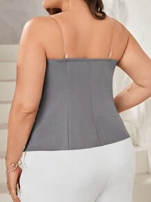 SHEIN Privé Blusa para mujer de talla grande, elegante diseño con hombros descubiertos y detalles de botones metálicos y cintura en color gris y blanco, estilo sencillo y casual de negocios para la rutina diaria - Gris Oscuro - Ver 2