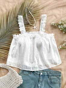 SHEIN WYWH 夏日假期寬鬆休閒純色鑲空刺繡背心上衣 - 白色 - 查看 5