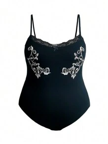 Forever 21 Plus Size Nữ Lễ hội âm nhạc Y2K Họa tiết ren viền Cami Body cho mùa hè - màu đen - Xem 7