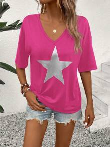SHEIN LUNE Camiseta casual de verano para mujer con estampado de estrellas de cinco puntas, cuello en V y mangas cortas