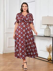 Mulvari Burgundy Red Plus Size Elegant Printed Cinching Waist Sleeve Cuff Gathered Dress For Spring/Summer - Burgundy - View 3