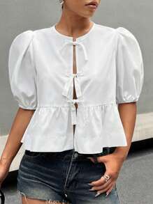 SHEIN EZwear Áo sơ mi nữ cổ tròn tay bồng buộc phía trước màu trơn, áo tay ngắn - trắng - Xem 1